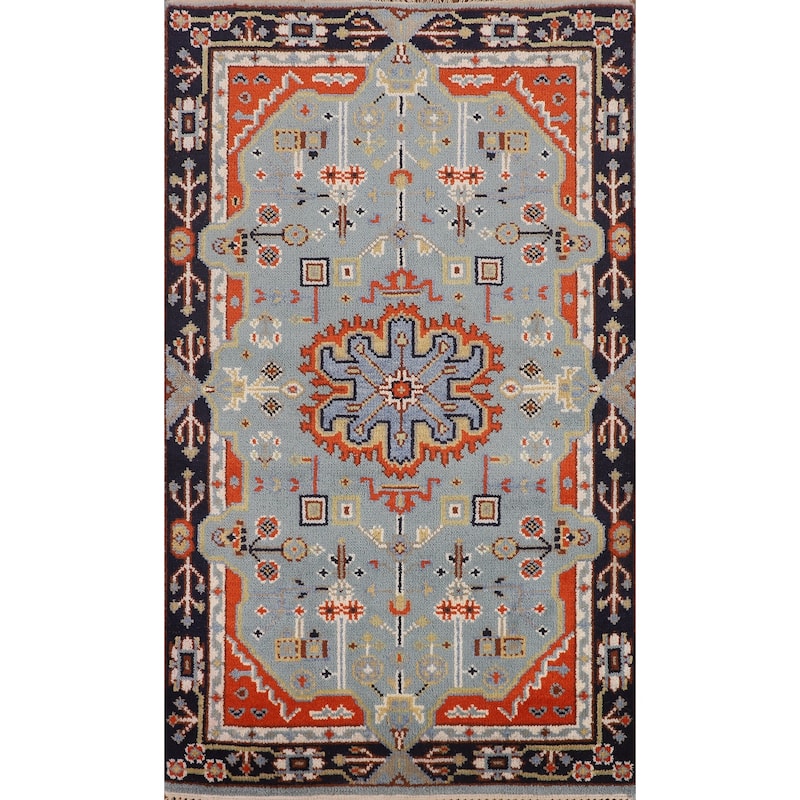Light Blue Geometric Kazak Rug Hand-Knotted Wool Carpet - 3'0" X 5'2"