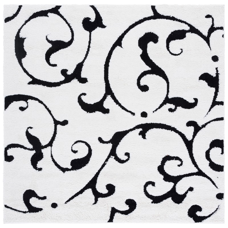SAFAVIEH Florida Shag Hacer Scroll 1.2-inch Thick Rug - 8' Square - Ivory/Black