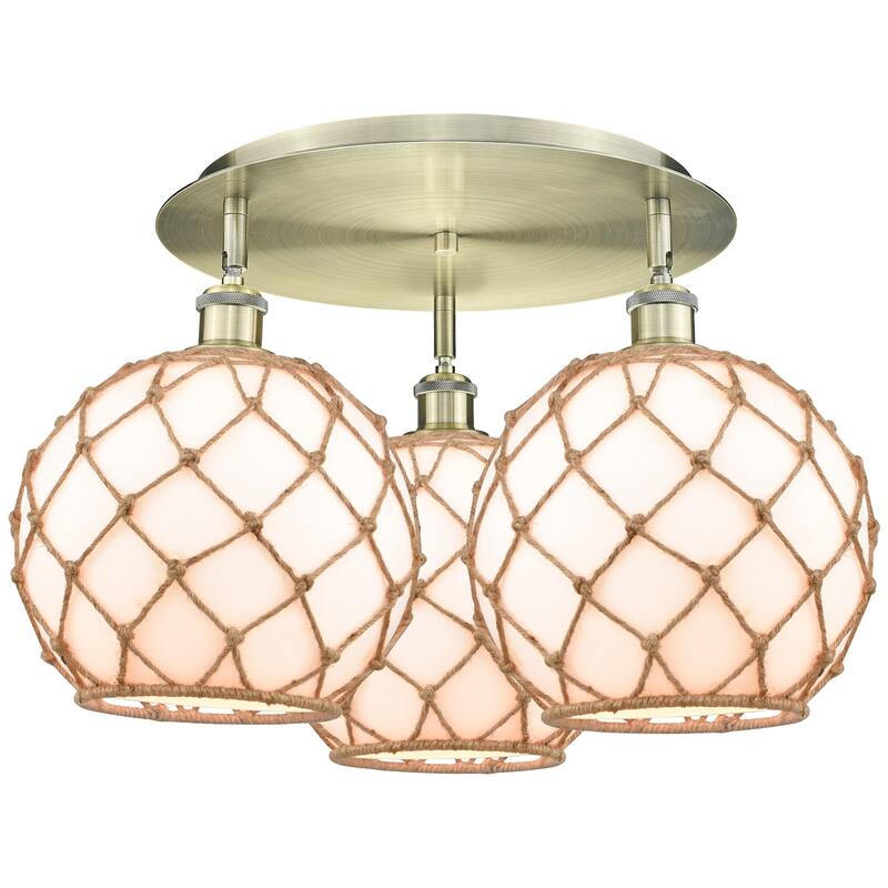 Innovations Lighting 516-3C-14-22 Farmhouse Rope Semi-Flush Farmhouse - Antique Brass / White Glass with Brown Rope