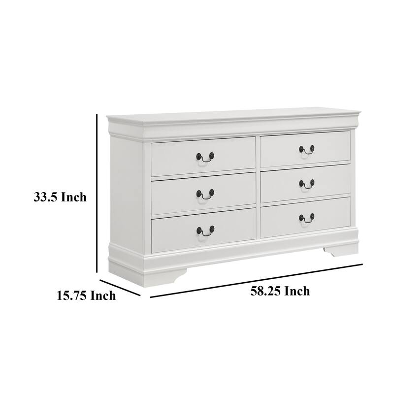 Nim Wide Dresser, 6 Storage Drawers, Classic White Molded Trim Edges