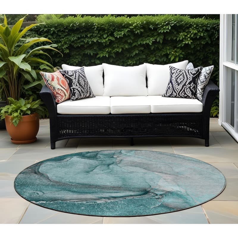 Laro Unique Abstract Weather Resistant Versatile Elegance Round Outdoor Rug - 8' Round - 8' Round - Teal
