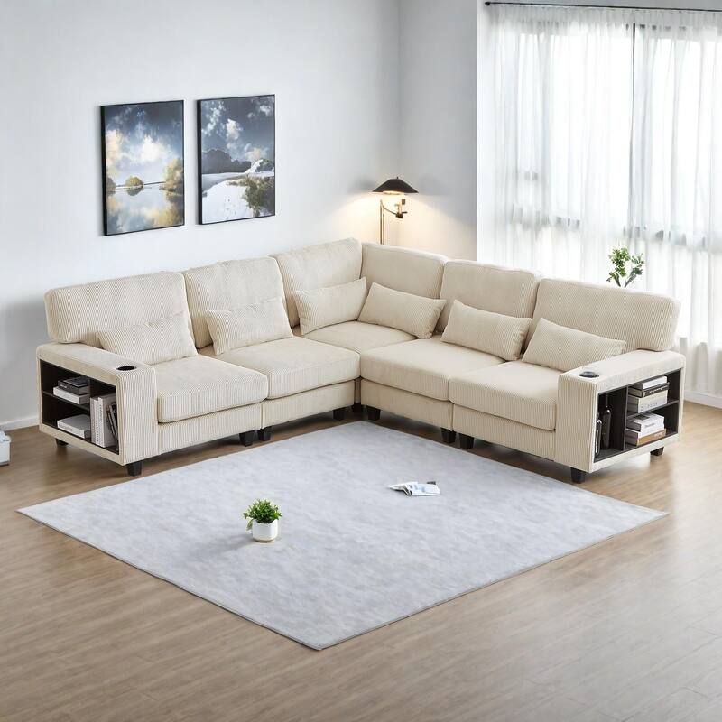 102.75" Corduroy L-Shaped Modular Sectional Sofa with Storage and Cup Holder - Beige