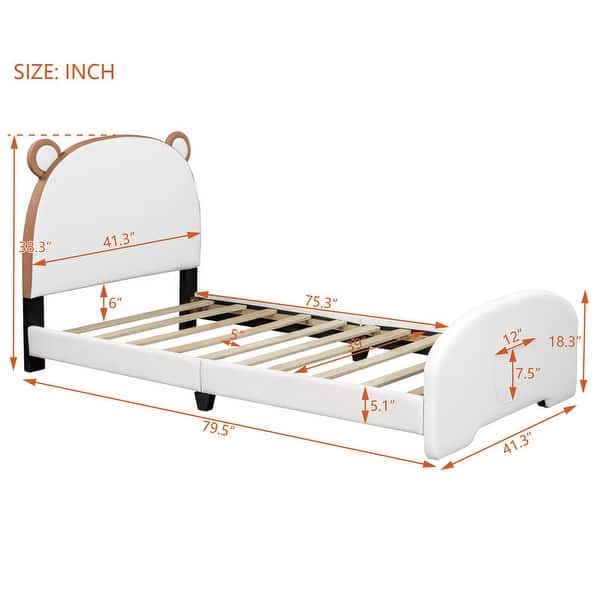 Twin Size White Upholstered Platform Bed with Bear-shaped Headboard and ...