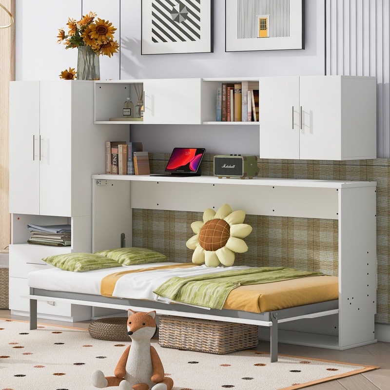 Twin Size Murphy Bed with Built in Wardrobe and Table Wooden