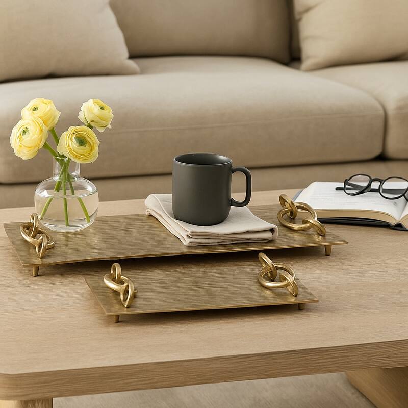 Decorative Metal Tray with Link Handles - Set of 2 - 21", 14", Gold