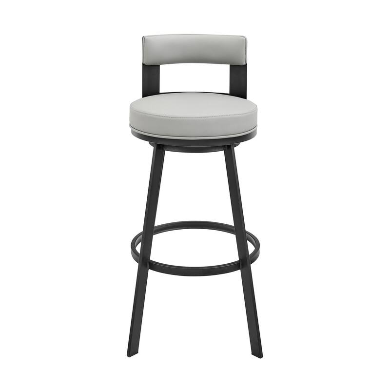 Ami 26 Inch Swivel Counter Stool Chair, Gray Faux Leather, Black Metal