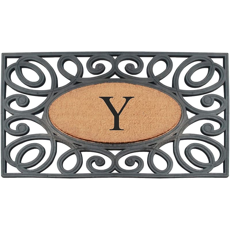A1HC Rubber and Coir Elegant Circles, Monogrammed Double Door Doormat, Black/Beige - 23"X38" - Y