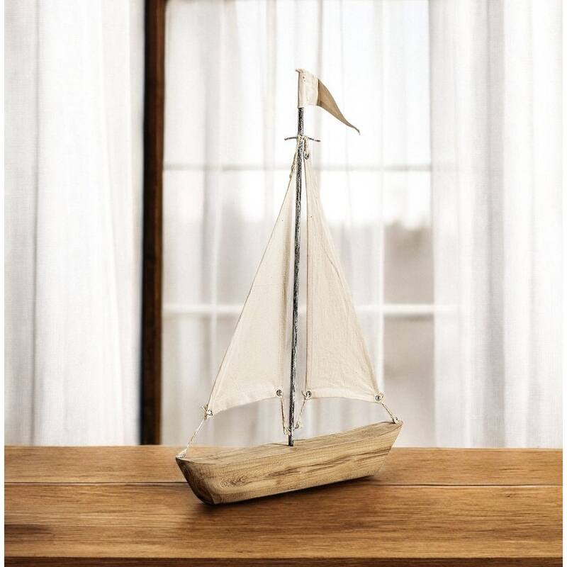 HomeRoots 21" Brown And Natural Wood Metal And Fabric Sailboat Tabletop Sculpture - 2" W x 17" D x 21" H - 2" W x 17" D x 21" H - Brown