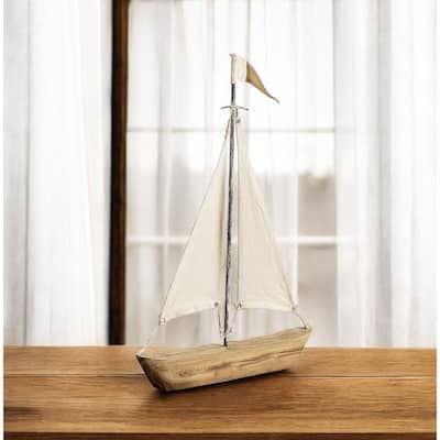 HomeRoots 21" Brown And Natural Wood Metal And Fabric Sailboat Tabletop Sculpture - 2" W x 17" D x 21" H