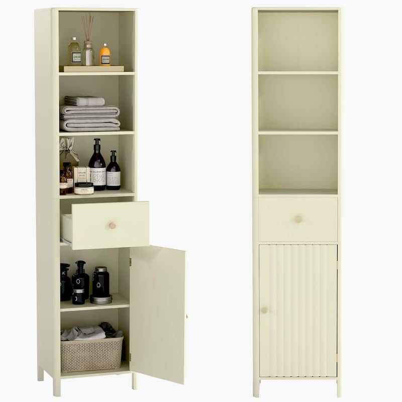 Costway 67” Tall Bathroom Cabinet with 3 Open Shelves, 1 Drawer, - See Details - White