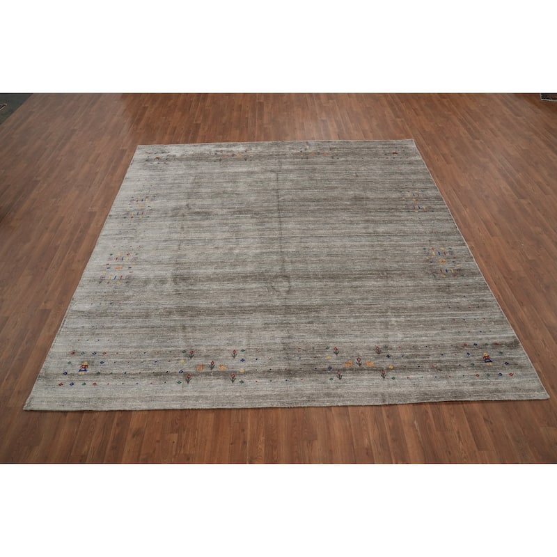 Hand Knotted Oriental Viscose Silk Carpet Tribal Animal Pictorial Greys & Charcoal Gabbeh Area Rug - 8' 10'' X 8' 9''