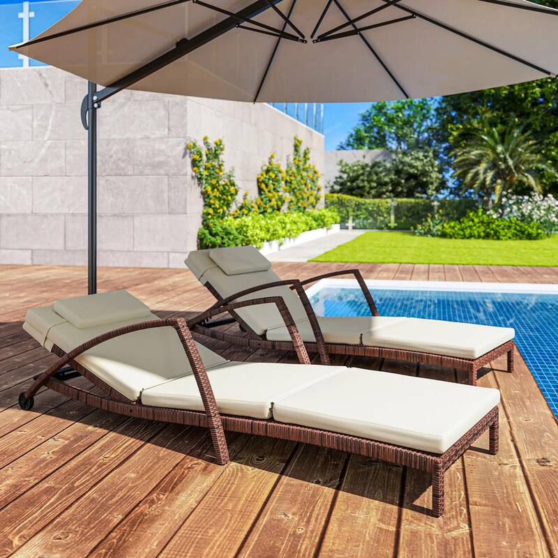Wicker Chaise Lounge Set, Outdoor Recliners, Adjustable Back, Cushion - Beige
