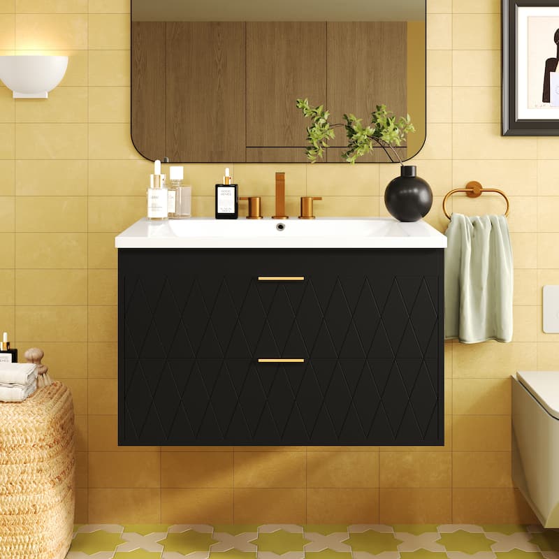 Modern 30" Wall-Mounted Bathroom Vanity with Resin Sink, Solid Wood Floating Cabinet with 2 Drawers