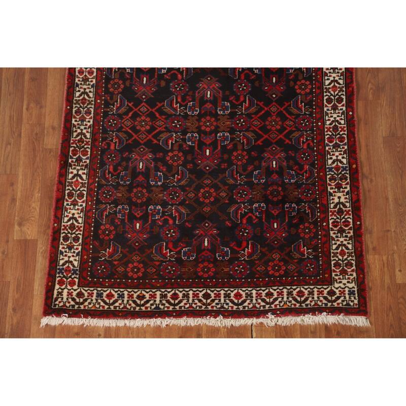 All-Over Hamedan Persian Vintage Runner Rug Hand-Knotted Wool Carpet - 3'8" x 10'2"