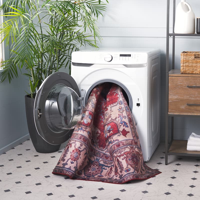SAFAVIEH Tucson Machine Washable Slip Resistant Salome Oriental Medallion - 8' x 8' Square - Red/Beige