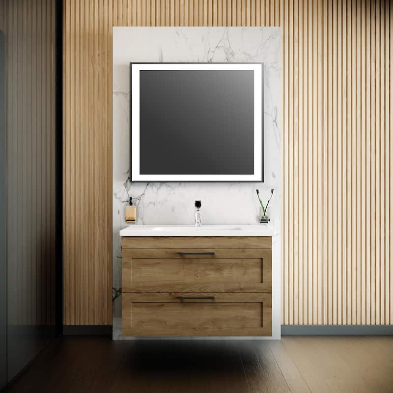 Modern Wall-Mounted Bathroom Vanity with Washbasin Palm Beach Teak Natural Non-Toxic MDF-26"-Simple 32"