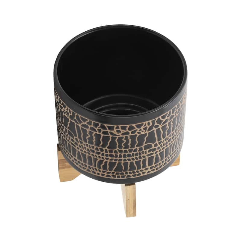Sagebrook Home Modern Neutral Ceramic Planter Pot with Natural Wood Stand