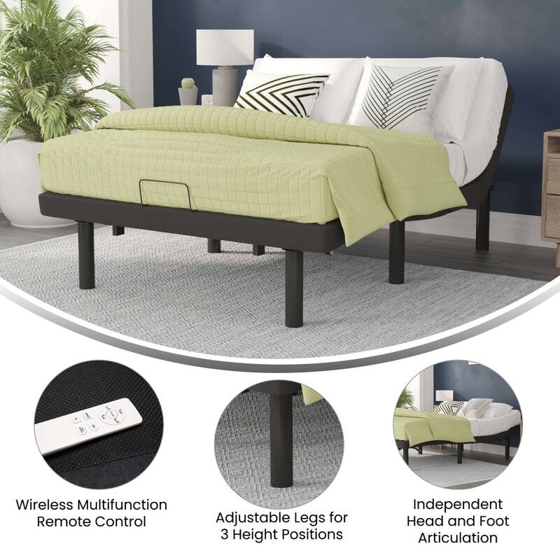 Upholstered Adjustable Bed Base with Wireless Remote in Black