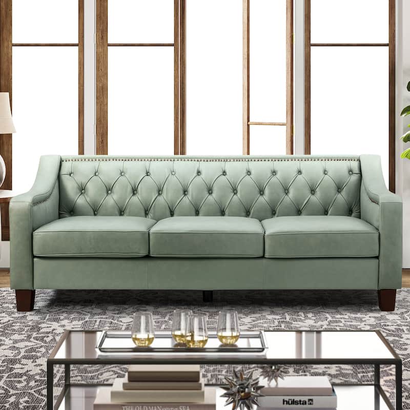 Mateo 82.28" Wide Transitional Genuine Leather Sofa with Nailhead Trim and Button-Tufted Back