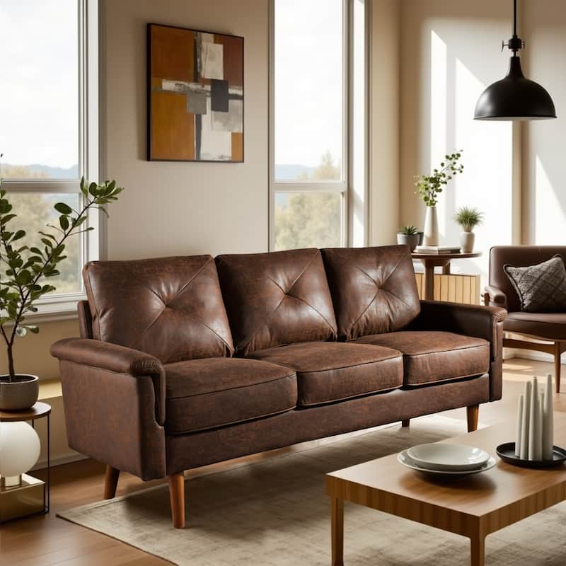 HOOOWOOO Mid-Century 3-Seat Upholstered Sofa with Wood Legs for Living Room - Dark Brown