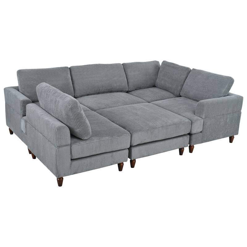 L Shaped Modular Sectional Sofa with Ottoman, Corduroy Upholstered Sleeper Sofa Bed, Corner Sectional Couch with Wooden Legs