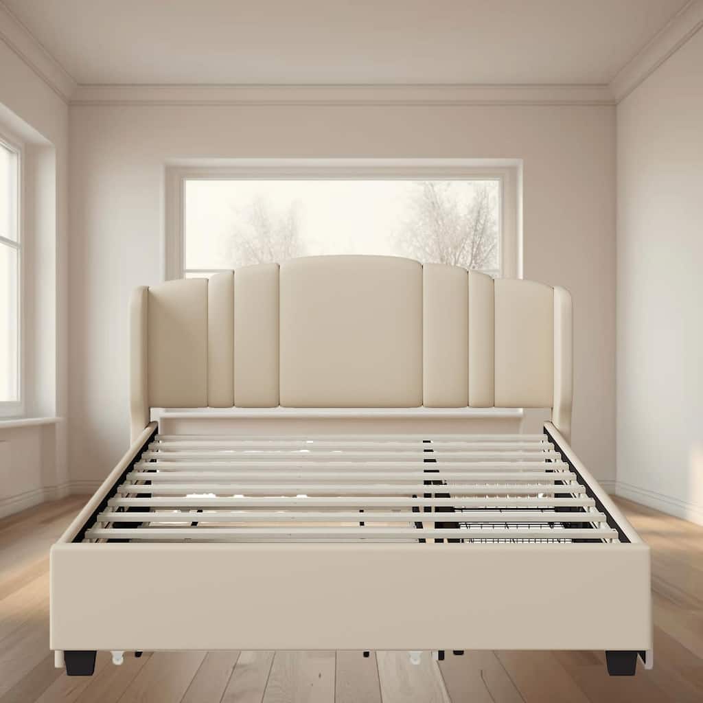 Queen Upholstered Platform Bed Frame with Wingback Headboard, Twin Trundle, 2 Drawers, No Box Spring Needed, 500 lbs Capacity