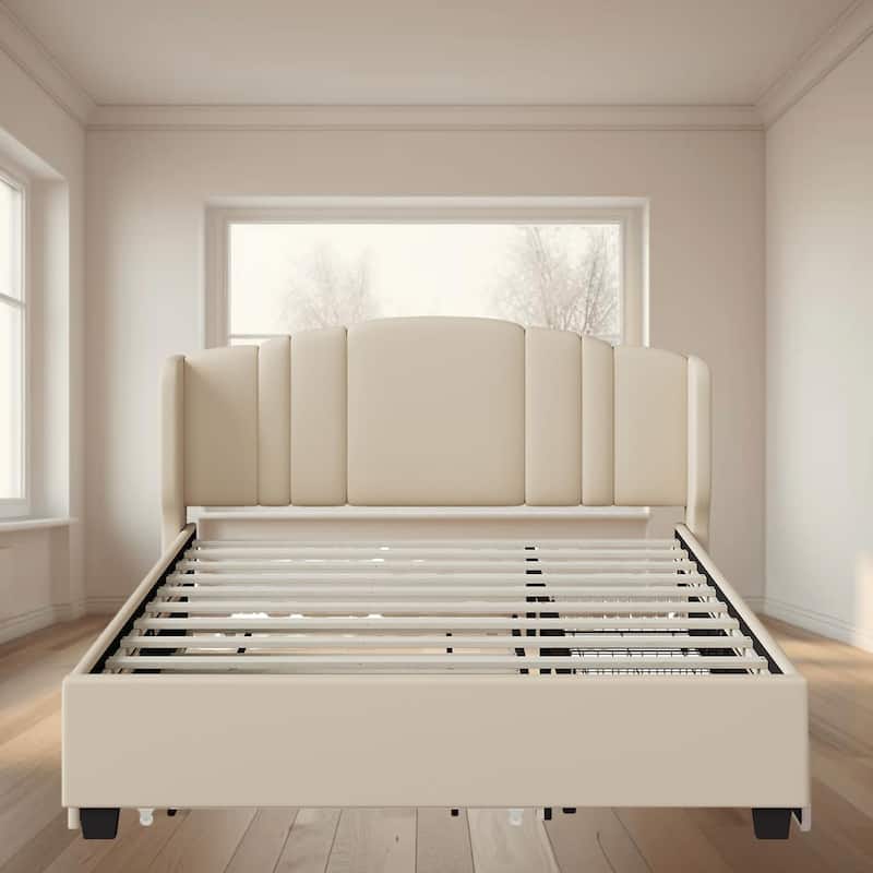 Queen Upholstered Platform Bed Frame with Wingback Headboard, Twin Trundle, 2 Drawers, No Box Spring Needed, 500 lbs Capacity - Beige - Queen