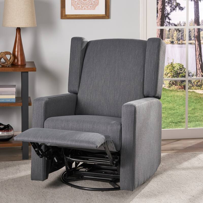Roomfitters Contemporary Fabric Upholstered Swivel Recliner Chair with Wingback Design and Square Armrests, Charcoal