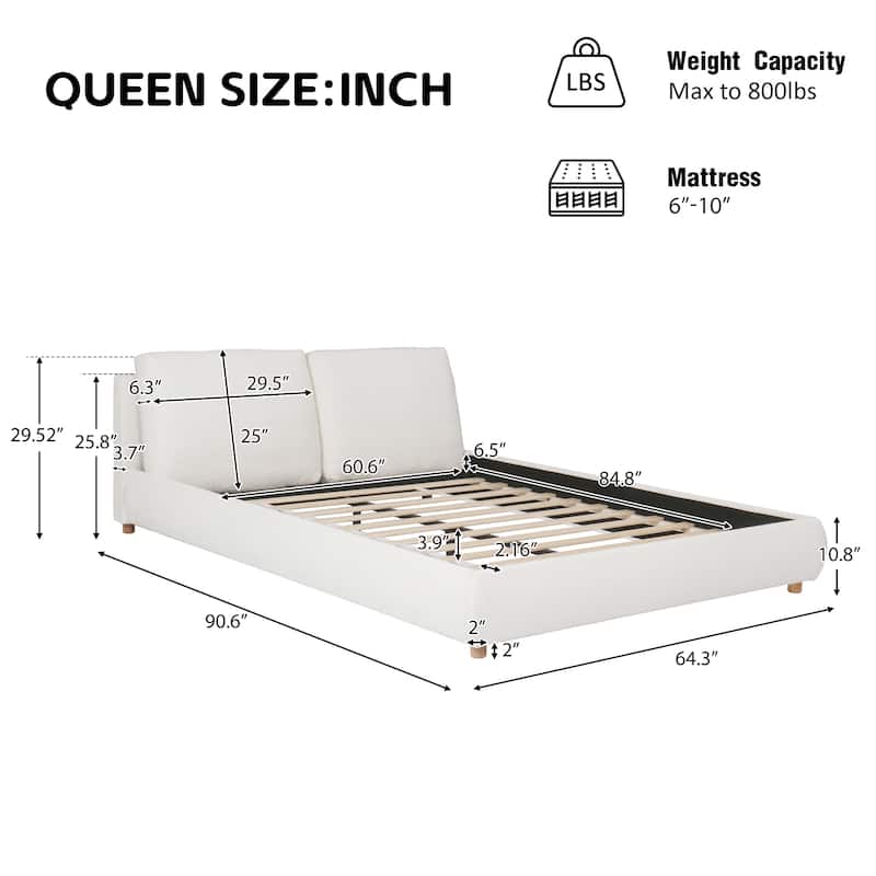 Upholstered Platform Bed with Two Removable Pillow Headboard Solid Round Legs Boucle Fabric Wood Bed Frame, No Box Spring Needed