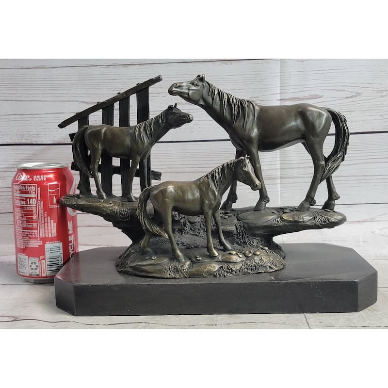 Horse Farm Horses Behind Stables Bronze Sculpture Statue Figure Equestrian Art Decor