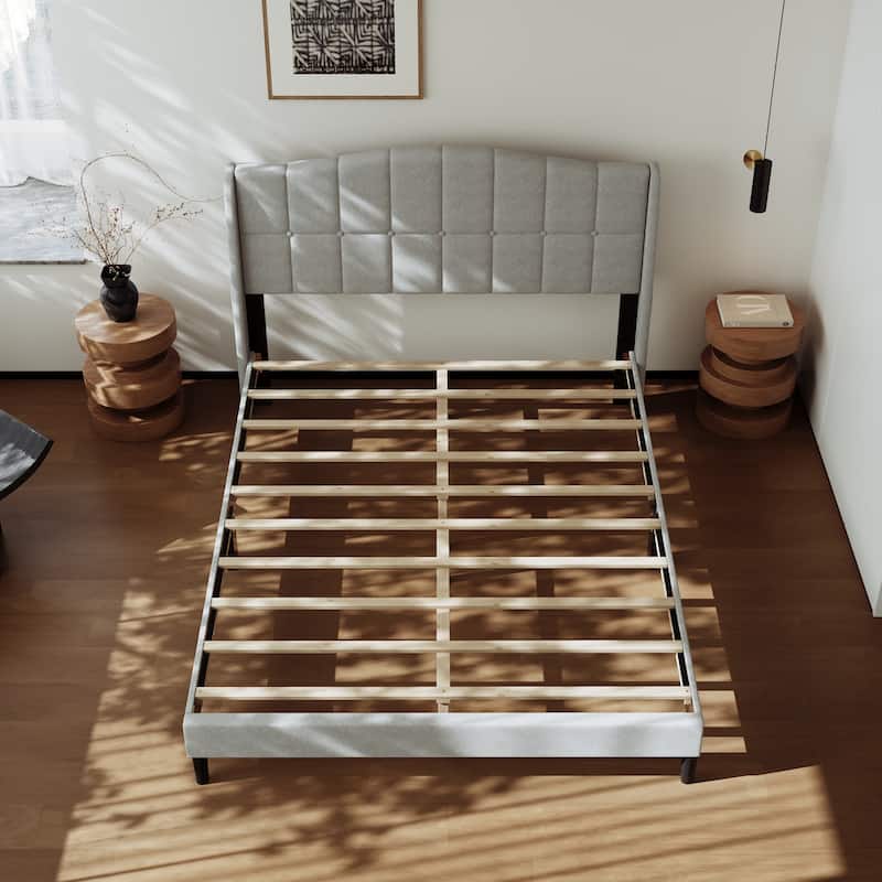 Upholstered Platform Bed Frame with Wingback Headboard and Wooden Slats