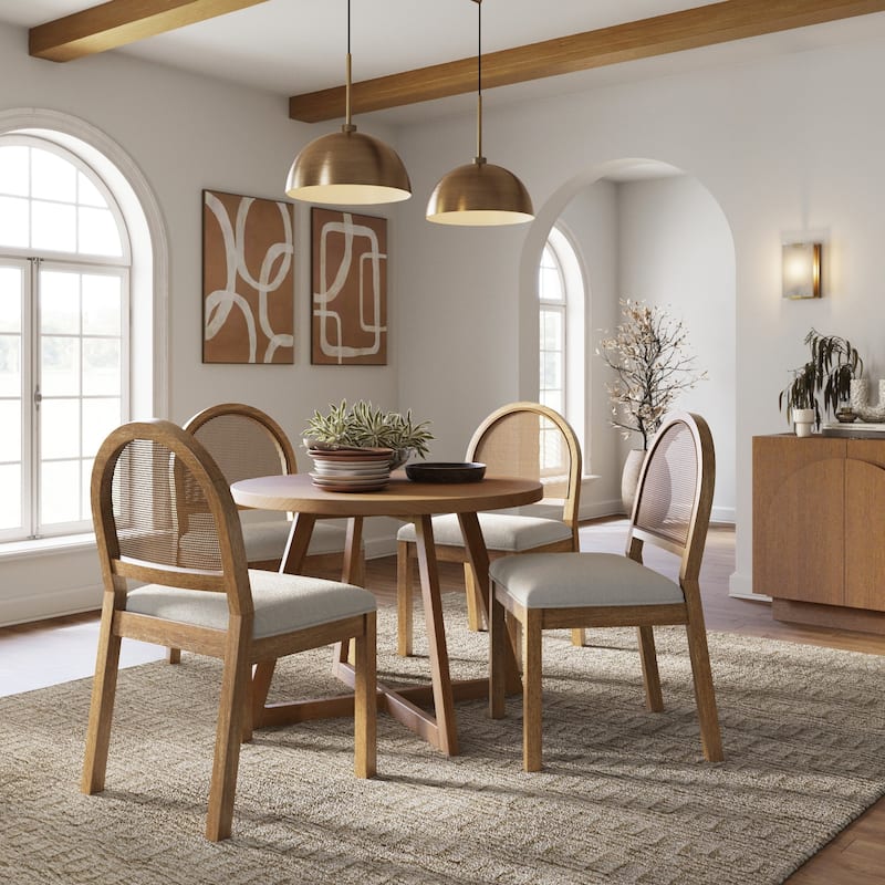 Bailey 19 in. Boucle Dining Chair, Upholstered Side Chair with Natural Woven Rattan Back and Solid Wood Legs