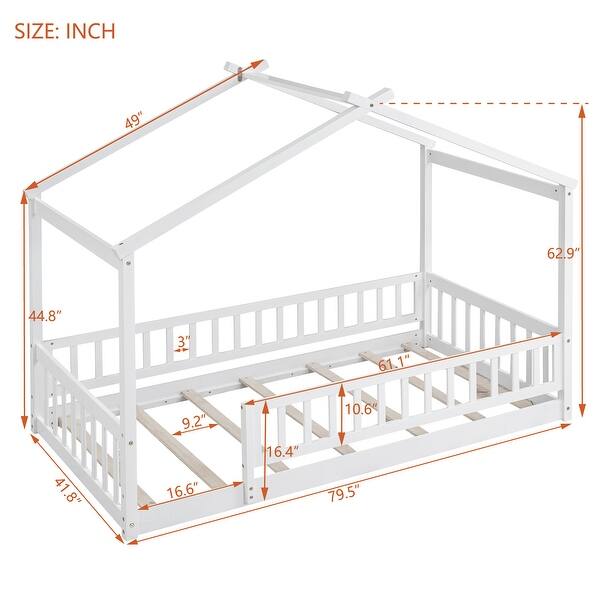 Twin Wooden House Bed with Roof and Fence, Kids Playhouse Frame