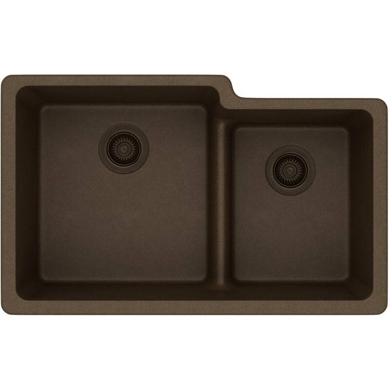 Elkay Quartz Classic 33" x 20-1/2" x 9-1/2", Offset 60/40 Double Bowl Undermount Sink with Aqua Divide - Mocha