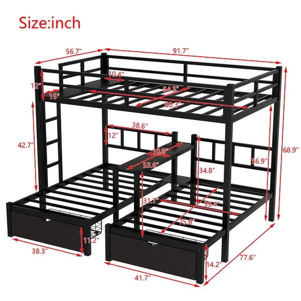 Black Full XL over Twin Metal Triple Bunk Bed with Drawers and Shelving