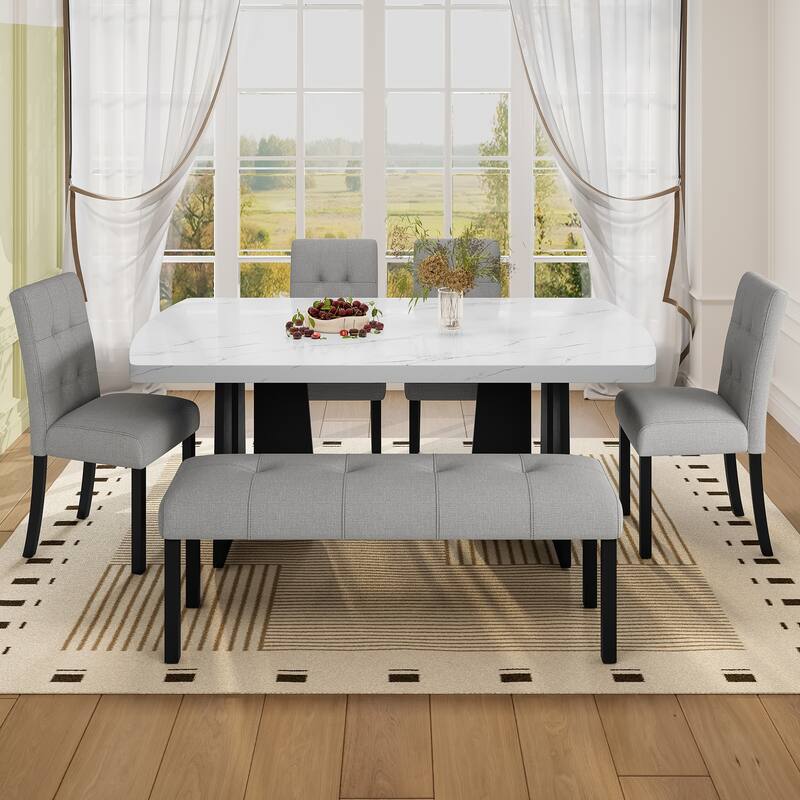 Roomfitters 6 Piece Modern Dining Table Set, 63 Inch Faux Marble Table with Bench and Upholstered Chairs
