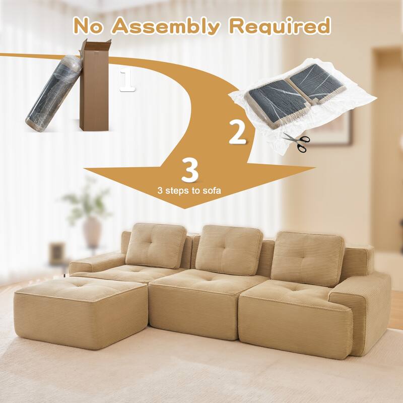 117" Modern L-Shaped Modular Sectional Sofa for Living Room, Corduroy Fabric,3-Seater Couch with Deep Seat and Movable Ottoman