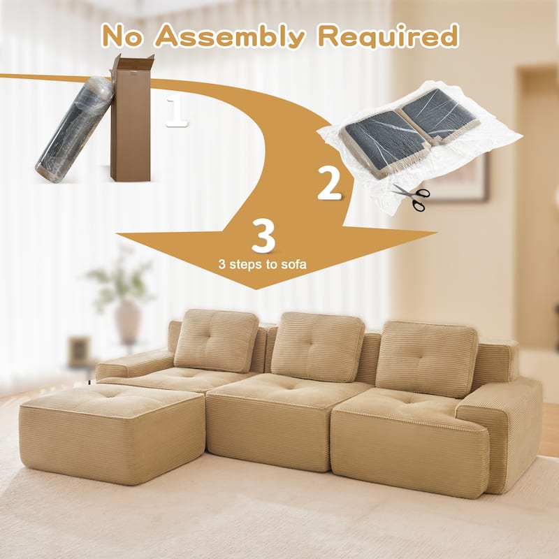 Roomfitters No Assembly Modular Sofa, 117 Inch Corduroy 3-Seater with Piping, Camel
