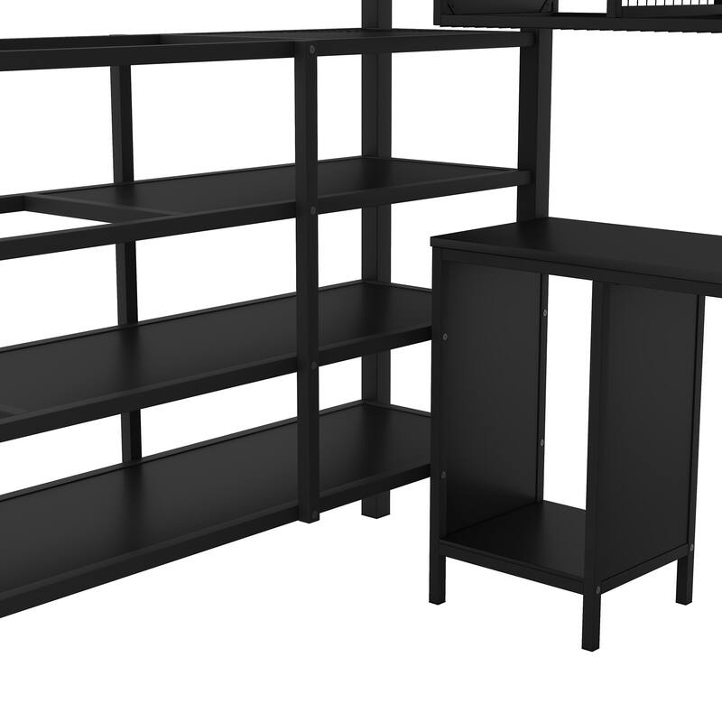 Black Metal Bed Frame, Full Size Loft Bed with Built-in Desk, Wardrobe and Storage Shelves for Children, Boys and Girls