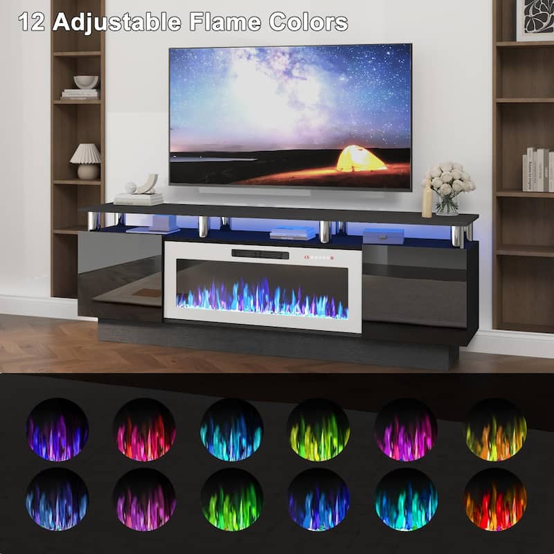 BOSSIN 70" Modern Electric Fireplace TV Stand, with Electronic Flame and LED Lights, High Gloss Finish Entertainment Center