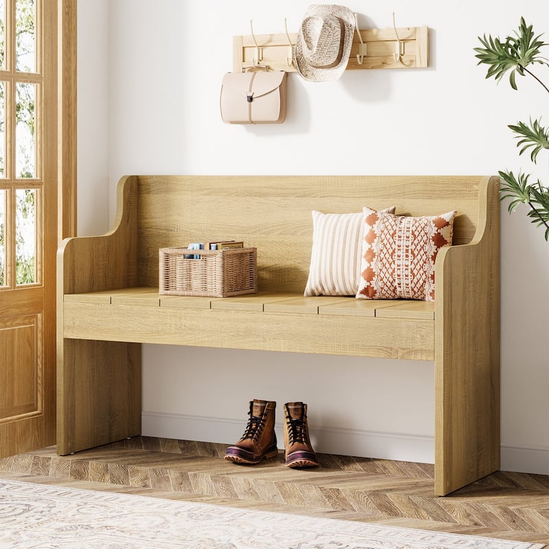 Farmhouse Wooden Shoe Bench with Back for Entryway - Brown