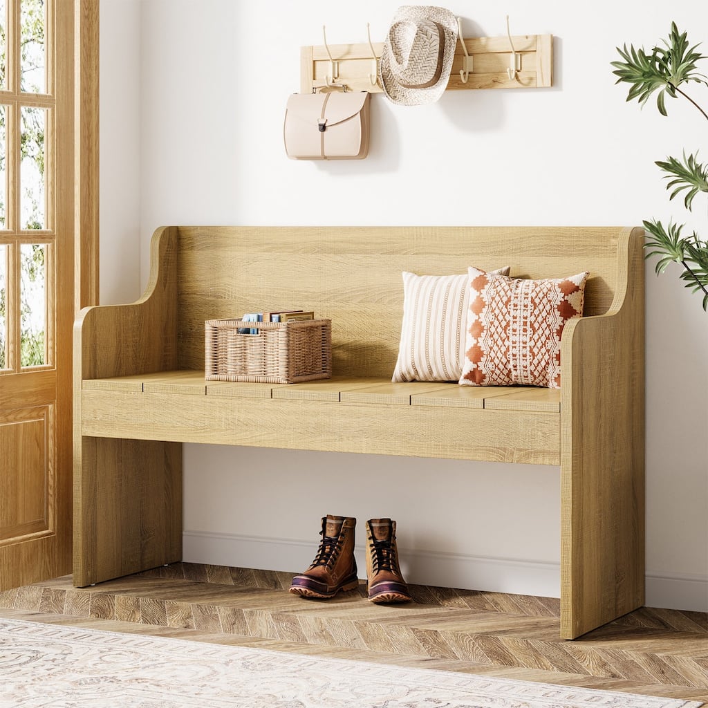 Farmhouse Wooden Shoe Bench with Back for Entryway