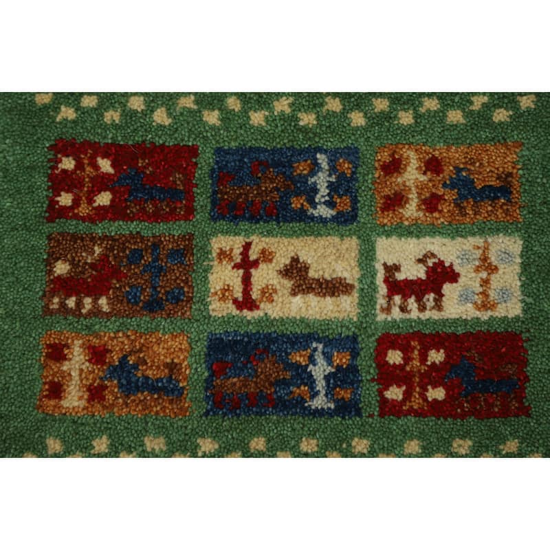 Hand Knotted Oriental 100% Wool Carpet Tribal Animal Pictorial Green Gabbeh Area Rug - 1' 4'' X 1' 4''