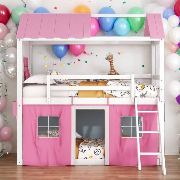 slide 2 of 11, [Impression & Beautiful] Twin Size Bunk Wood House Bed with Elegant Windows, Sills and Tent Pink