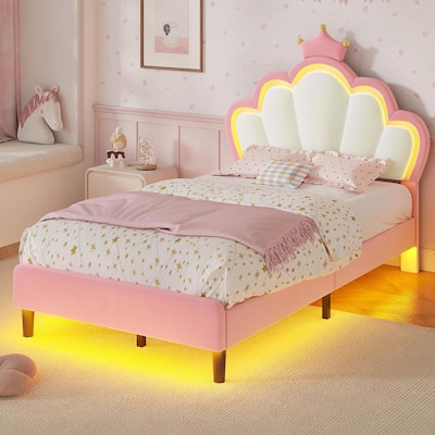 Bed Frame LED Lights Girls Bed Princess Crown Velvet Upholstered Platform Bed