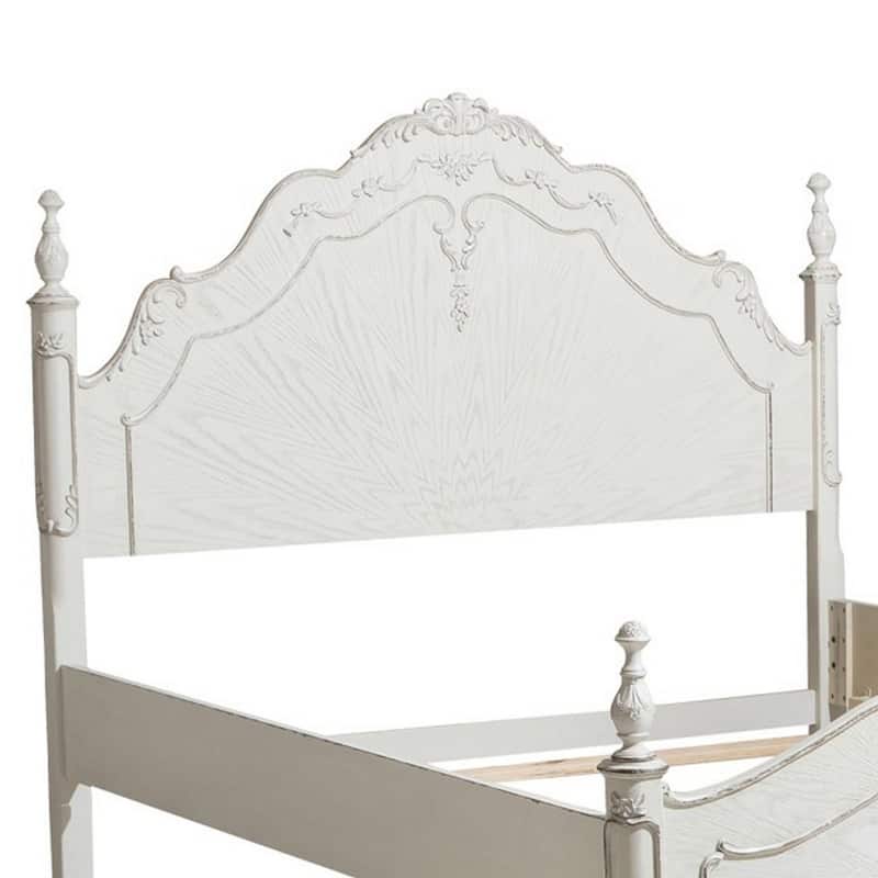 Princess Full Size Bed, Floral Motif Carvings, Finial Accents Antique White