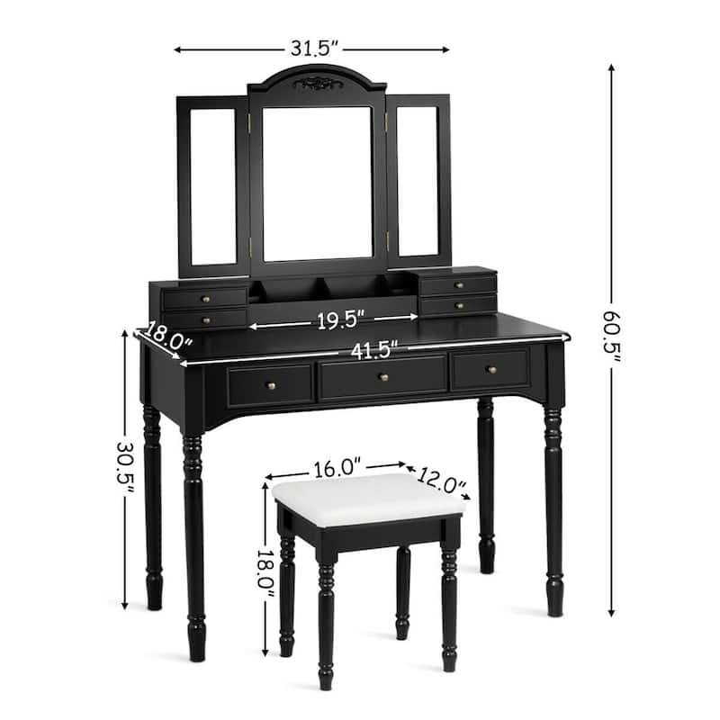 Gymax 7 Drawers Vanity Set Dressing Table w/ Tri-Folding Mirror Black