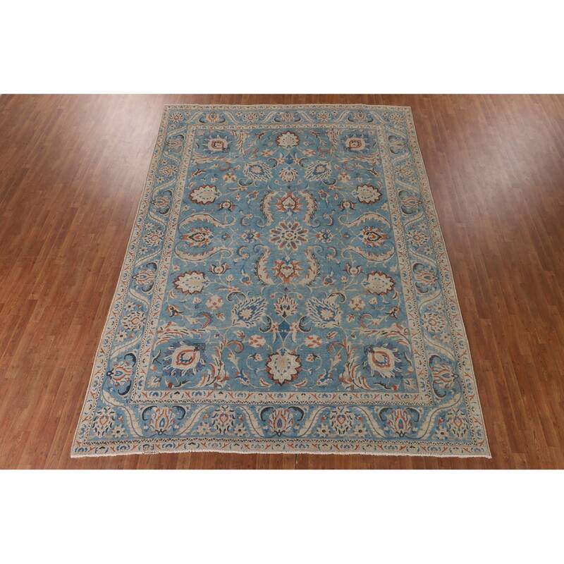 Over Dyed Blue Tabriz Persian Antique Area Rug Handmade Wool Carpet - 9'2"x 12'6"