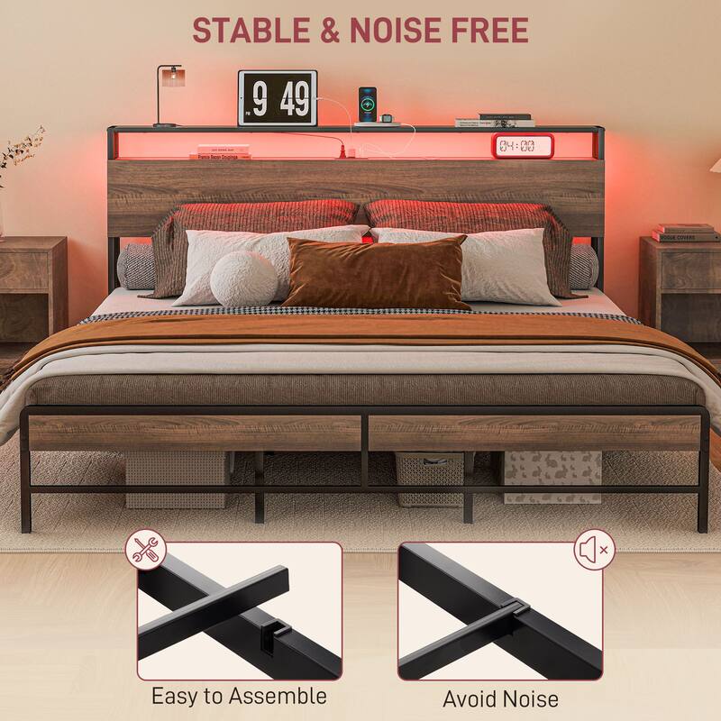 Walnut Platform Bed Frame with USB Charging and RGB LED Lights 3-Tier Storage and Noise-Reducing Mats