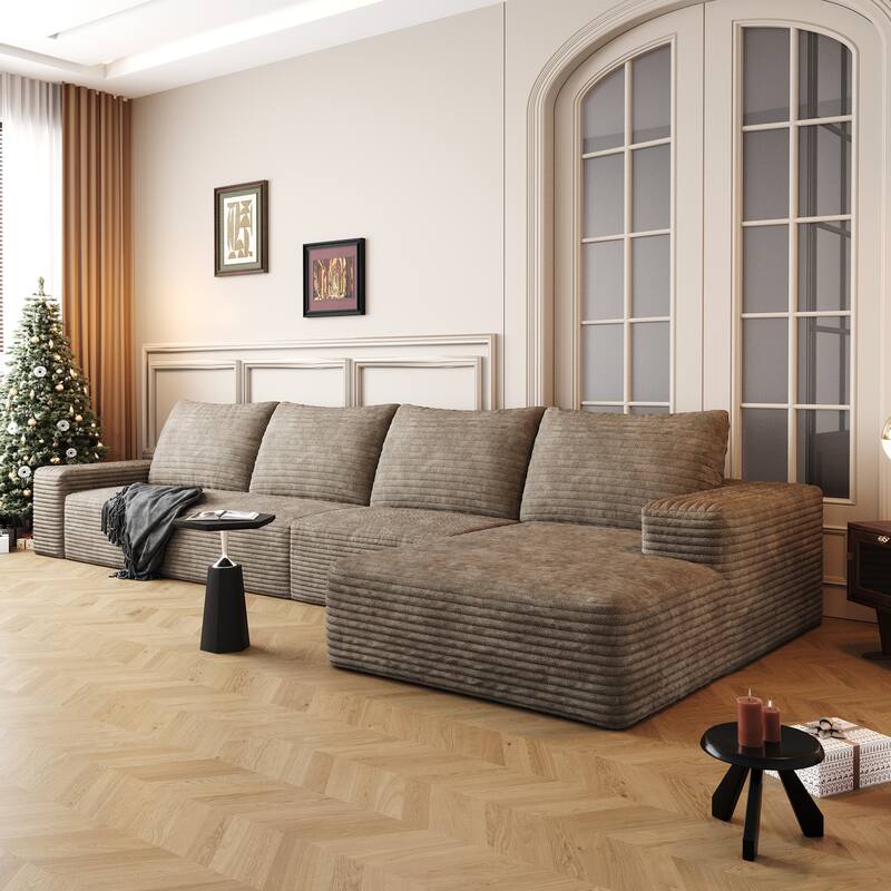 Large Sleeper Sectional Couch L-Shape Floor Modular Recliner Sofa Corduroy Upholstered Chaise Lounge with Ottoman for Livingroom